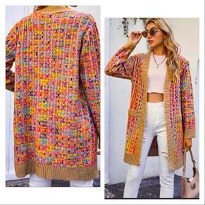 NWT! GORGEOUS BOUTIQUE MULTICOLOR OPEN FRONT PATCH POCKET CARDIGAN-SIZE LARGE